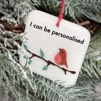 Fused Glass White Square Robin